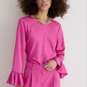 J.Crew Bright Pink Satin Blouse Bell Sleeve Top Womens Large Keyhole Back Dressy